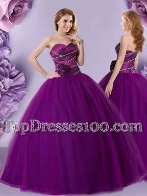 Great Dark Purple Ball Gowns Tulle Sweetheart Sleeveless Hand Made Flower Floor Length Zipper Quince Ball Gowns