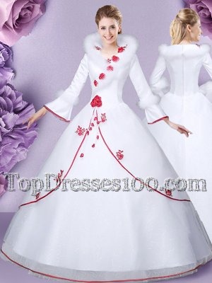 Lace Long Sleeves Floor Length Embroidery and Hand Made Flower Zipper Vestidos de Quinceanera with White