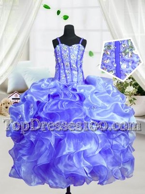 Dazzling Sleeveless Floor Length Beading and Ruffles Lace Up Flower Girl Dresses for Less with Baby Blue