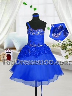 New Arrival Blue Organza Lace Up Sweetheart Sleeveless Knee Length Teens Party Dress Beading and Hand Made Flower