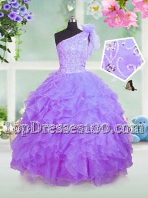 Organza One Shoulder Sleeveless Lace Up Beading and Ruffles Pageant Gowns For Girls in Lavender