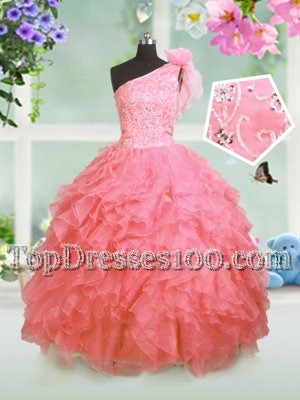 One Shoulder Watermelon Red Organza Lace Up Party Dress Sleeveless Floor Length Beading and Ruffles