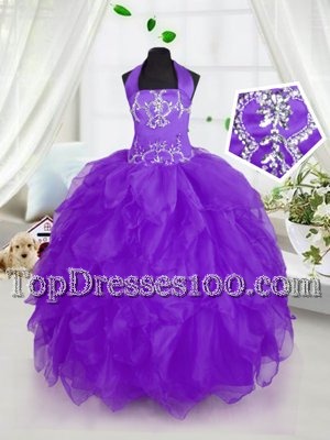 Halter Top Sleeveless Floor Length Appliques and Ruffles Lace Up Child Pageant Dress with Purple