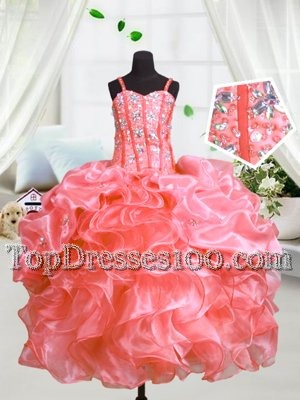 Gorgeous Watermelon Red Little Girl Pageant Dress Party and Wedding Party and For with Beading and Ruffles Spaghetti Straps Sleeveless Lace Up