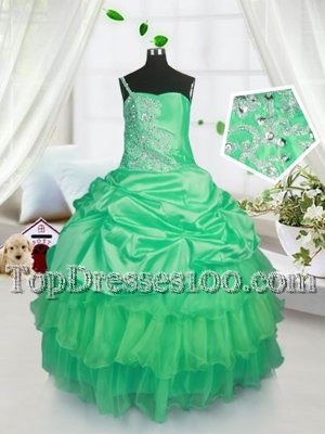 Free and Easy Apple Green Sleeveless Floor Length Beading and Ruffled Layers and Pick Ups Lace Up Kids Pageant Dress