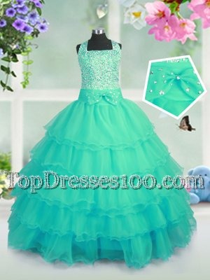 Square Sleeveless Organza Little Girls Pageant Gowns Beading and Ruffled Layers Lace Up
