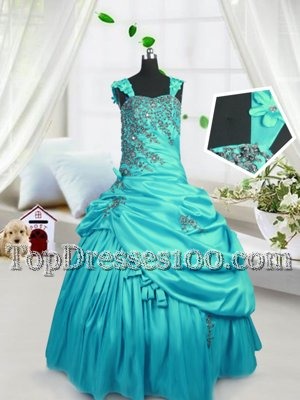 Pretty Pick Ups Floor Length Turquoise Juniors Party Dress Straps Sleeveless Lace Up