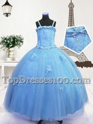 Floor Length Zipper Girls Pageant Dresses Baby Blue and In for Party and Wedding Party with Beading and Appliques
