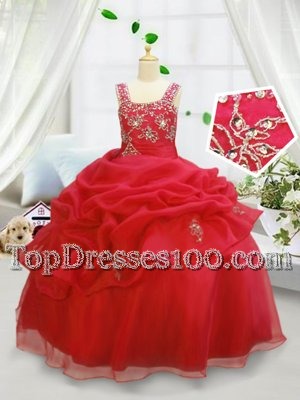 Attractive Beading and Pick Ups Kids Pageant Dress Coral Red Lace Up Sleeveless Floor Length