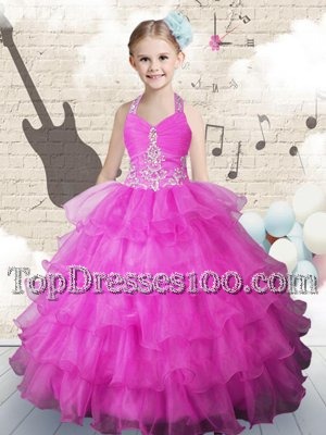 New Arrival Halter Top Fuchsia Sleeveless Beading and Ruffled Layers Floor Length Kids Formal Wear