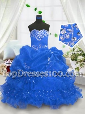 Blue Organza Lace Up Sweetheart Sleeveless Floor Length Little Girls Pageant Dress Wholesale Beading and Ruffled Layers and Pick Ups