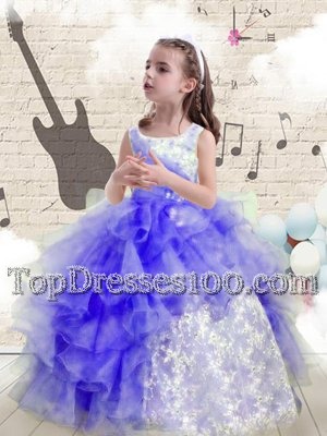 Custom Design Scoop Beading and Ruffles Little Girl Pageant Gowns Blue Lace Up Sleeveless Floor Length