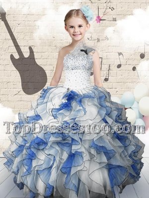 Trendy One Shoulder Sleeveless Lace Up Floor Length Beading and Ruffles Party Dress Wholesale