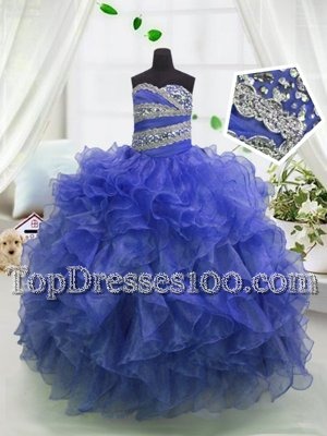 Blue Sleeveless Floor Length Beading and Ruffles Lace Up Flower Girl Dress