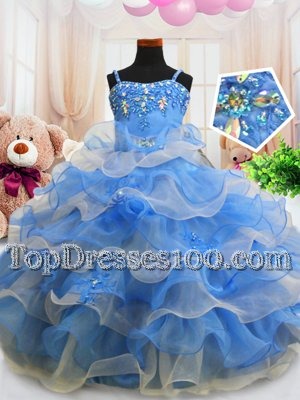 Artistic Sleeveless Floor Length Beading and Ruffled Layers Zipper Party Dress Wholesale with Blue