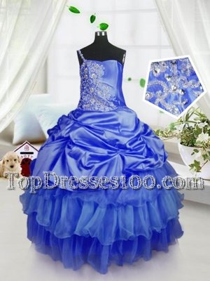 Flirting Royal Blue Strapless Neckline Beading and Ruffled Layers and Pick Ups Little Girls Pageant Dress Wholesale Sleeveless Lace Up