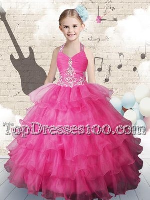 Ruffled Halter Top Sleeveless Lace Up Party Dress for Girls Hot Pink Organza