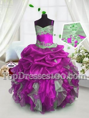 Best Sleeveless Lace Up Floor Length Beading and Ruffles and Pick Ups Party Dress for Toddlers