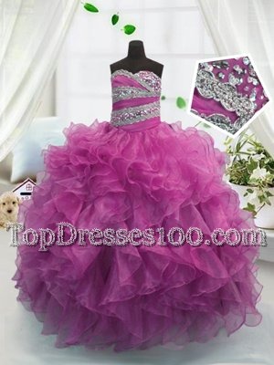 Hot Sale Sweetheart Sleeveless Flower Girl Dresses for Less Floor Length Beading and Ruffles Fuchsia Organza