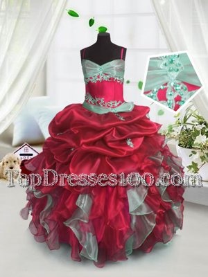 Red Lace Up Little Girl Pageant Gowns Beading and Ruffles Sleeveless Floor Length