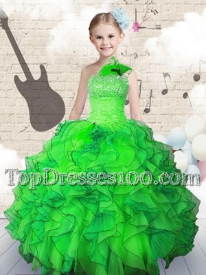 Green Lace Up Strapless Beading and Ruffles Kids Formal Wear Organza Sleeveless