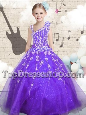 Exceptional Floor Length Lilac Party Dress Organza Sleeveless Beading and Appliques and Hand Made Flower