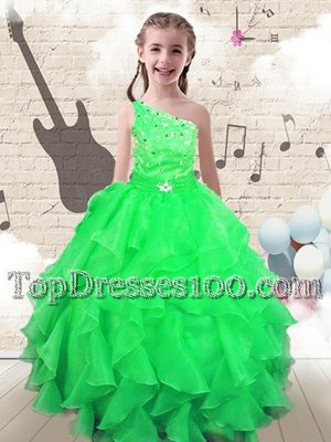 Apple Green Toddler Flower Girl Dress Party and Wedding Party and For with Beading and Ruffles One Shoulder Sleeveless Lace Up