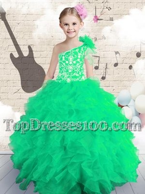 Ball Gowns Organza One Shoulder Sleeveless Embroidery and Ruffles Floor Length Lace Up Flower Girl Dresses