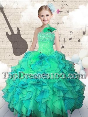 Turquoise Ball Gowns One Shoulder Sleeveless Organza Floor Length Lace Up Beading and Ruffles Party Dress for Girls