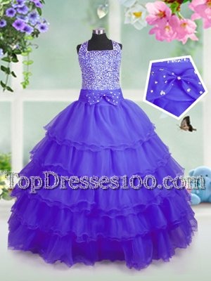 Captivating Sleeveless Organza Floor Length Zipper Toddler Flower Girl Dress in Purple for with Beading and Ruffled Layers
