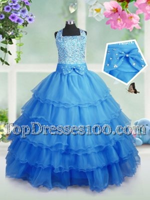 Ruffled Baby Blue Sleeveless Organza Zipper Kids Pageant Dress for Party and Wedding Party