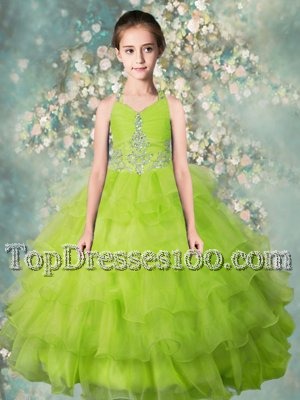 Charming Orange Ball Gowns Halter Top Sleeveless Organza Floor Length Zipper Beading and Ruffled Layers Little Girls Pageant Dress