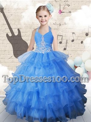 Traditional Light Blue Ball Gowns Halter Top Sleeveless Organza Floor Length Lace Up Beading and Ruffled Layers Toddler Flower Girl Dress