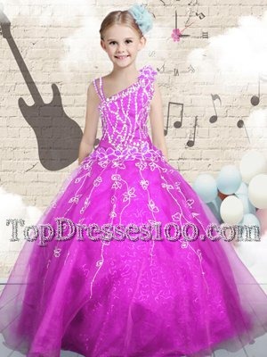 Floor Length Fuchsia Flower Girl Dresses Asymmetric Sleeveless Lace Up