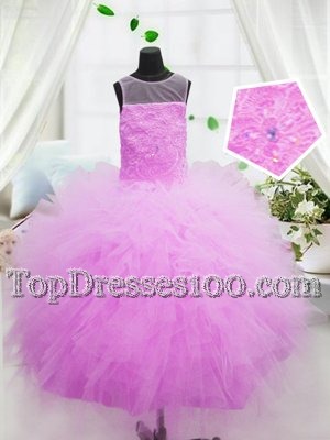 Perfect Scoop Sleeveless Tulle Floor Length Zipper Kids Formal Wear in Hot Pink for with Beading and Appliques