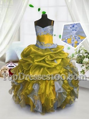 Spectacular Gold Sleeveless Beading and Ruffles and Pick Ups Floor Length Flower Girl Dresses for Less