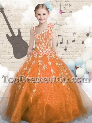 Orange Ball Gowns Tulle Asymmetric Sleeveless Appliques Floor Length Lace Up Party Dress for Toddlers