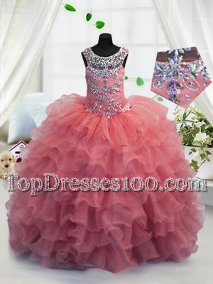 Vintage Scoop Coral Red Sleeveless Beading and Ruffled Layers Floor Length Little Girl Pageant Gowns