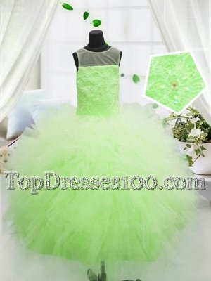 Best Selling Scoop Sleeveless Kids Pageant Dress Floor Length Beading and Appliques Yellow Green Tulle
