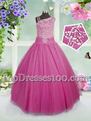 Discount Sleeveless Floor Length Beading Side Zipper Little Girls Pageant Gowns with Rose Pink