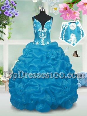 Baby Blue Lace Up Teens Party Dress Beading and Pick Ups Sleeveless Floor Length
