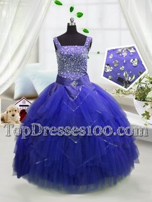 Popular Royal Blue Sleeveless Floor Length Beading and Ruffles Lace Up Little Girl Pageant Gowns