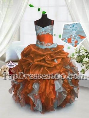 Spectacular Sleeveless Floor Length Beading and Ruffles and Pick Ups Lace Up Teens Party Dress with Rust Red