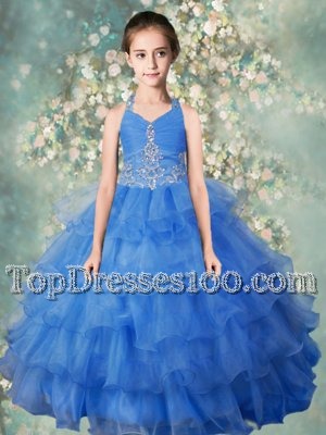 High Class Organza Halter Top Sleeveless Zipper Beading and Ruffled Layers Teens Party Dress in Baby Blue