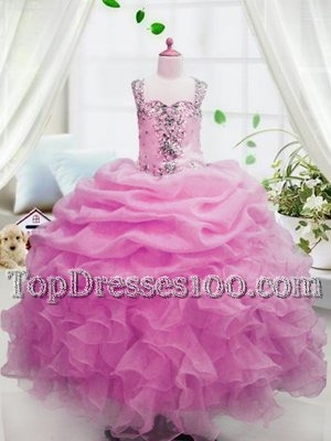 Pink Zipper Little Girl Pageant Dress Beading and Ruffles and Pick Ups Sleeveless Floor Length