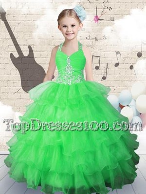 Pretty Green Ball Gowns Halter Top Sleeveless Organza Floor Length Lace Up Beading and Ruffled Layers Party Dress
