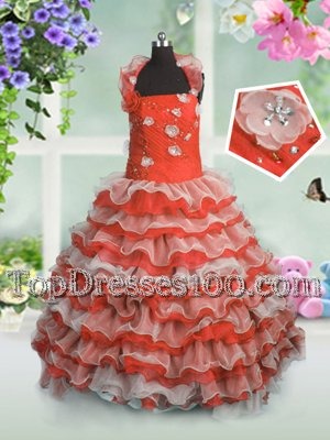 Customized Coral Red Ball Gowns Beading and Appliques and Ruffled Layers Toddler Flower Girl Dress Lace Up Organza Sleeveless Floor Length
