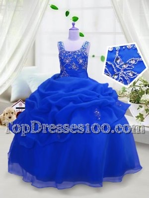 Custom Design Royal Blue Ball Gowns Beading and Pick Ups Kids Formal Wear Zipper Organza Sleeveless Floor Length