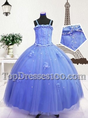 Edgy Blue Sleeveless Floor Length Beading and Hand Made Flower Zipper Flower Girl Dress