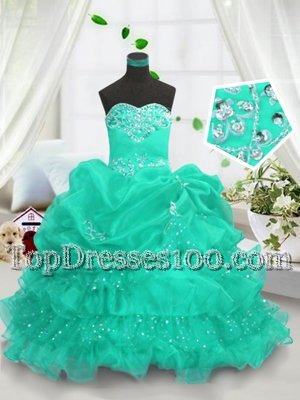 Turquoise Lace Up Party Dress Beading and Ruffled Layers and Pick Ups Sleeveless Floor Length